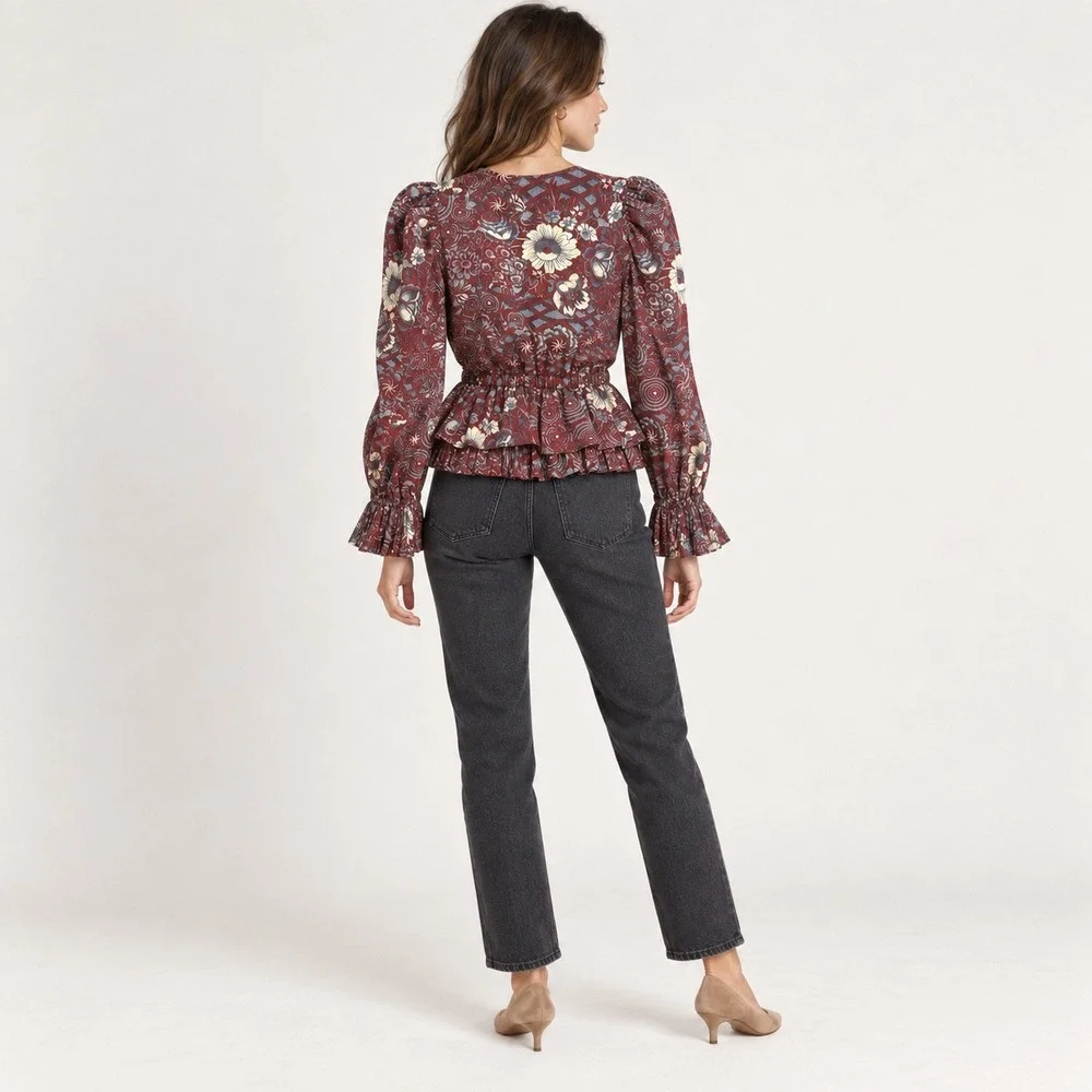 Ulla Johnson Womens 2 Ren Blouse Heliotrope Floral Peplum Victorian Cottagecore